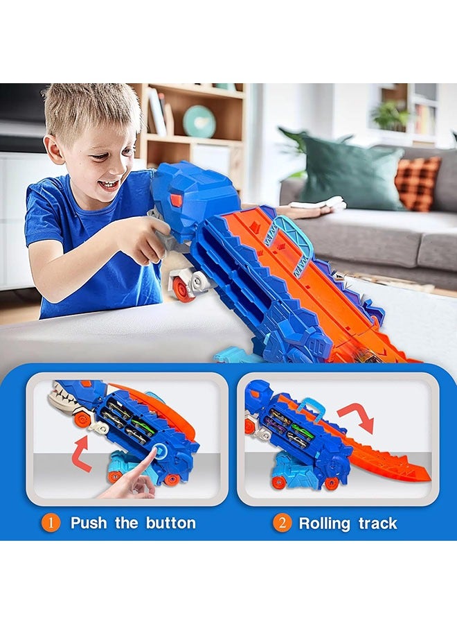 Arabest 3 in1 Dinosaur Transport Truck Toys for 3+Years Old Boys,Carrier Truck with Foldable Sliding 25 Inchs Dual Race Track and 4 Metal Die-cast Cars,Transforms Into Standing T-rex,Ideal birthday Gift for Boys and Girls  - Image 3