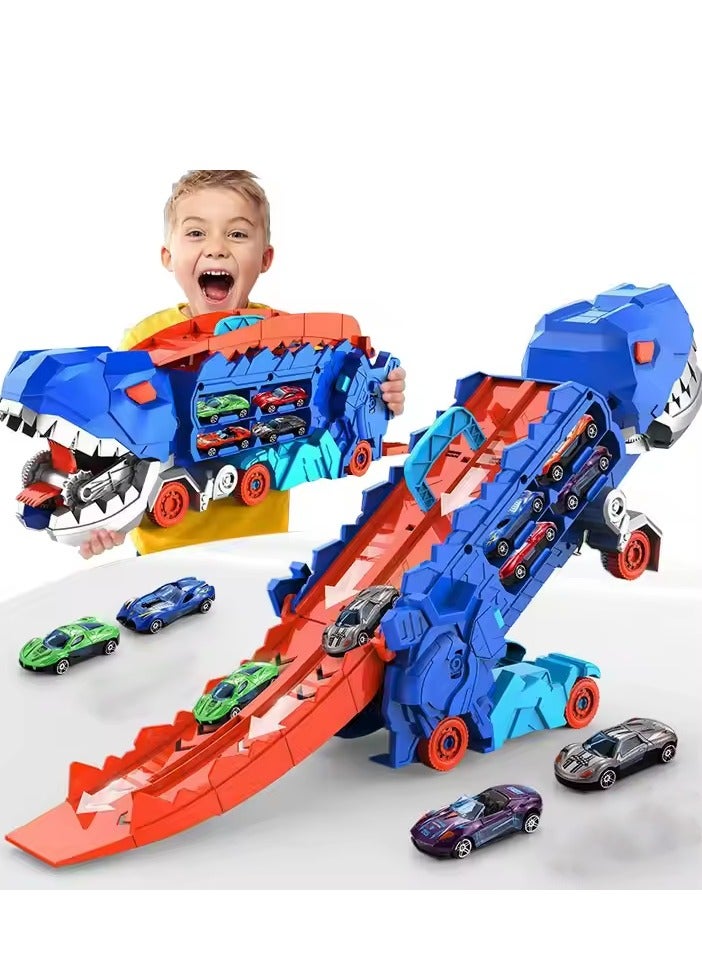 Arabest 3 in1 Dinosaur Transport Truck Toys for 3+Years Old Boys,Carrier Truck with Foldable Sliding 25 Inchs Dual Race Track and 4 Metal Die-cast Cars,Transforms Into Standing T-rex,Ideal birthday Gift for Boys and Girls  - Image 1