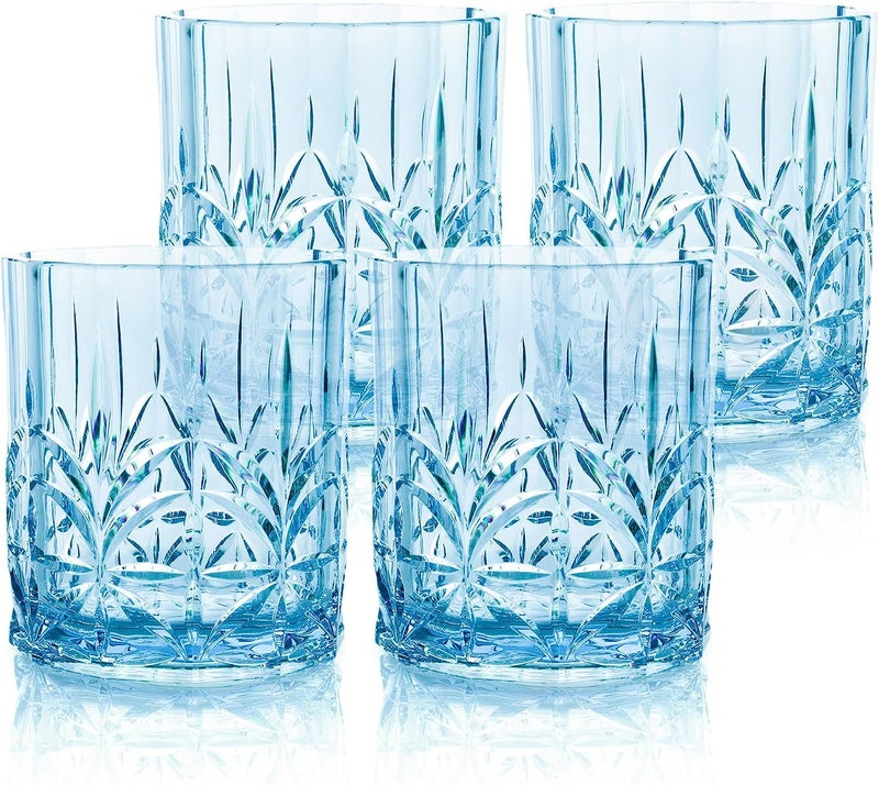 BELLAFORTE Shatterproof Tritan Plastic Short Tumbler Set of 4 13oz  Myrtle Beach Unbreakable Crystal Cut Old Fashioned Drinking Glasses for Whiskey  BPA Free  Dishwasher Safe  Blue