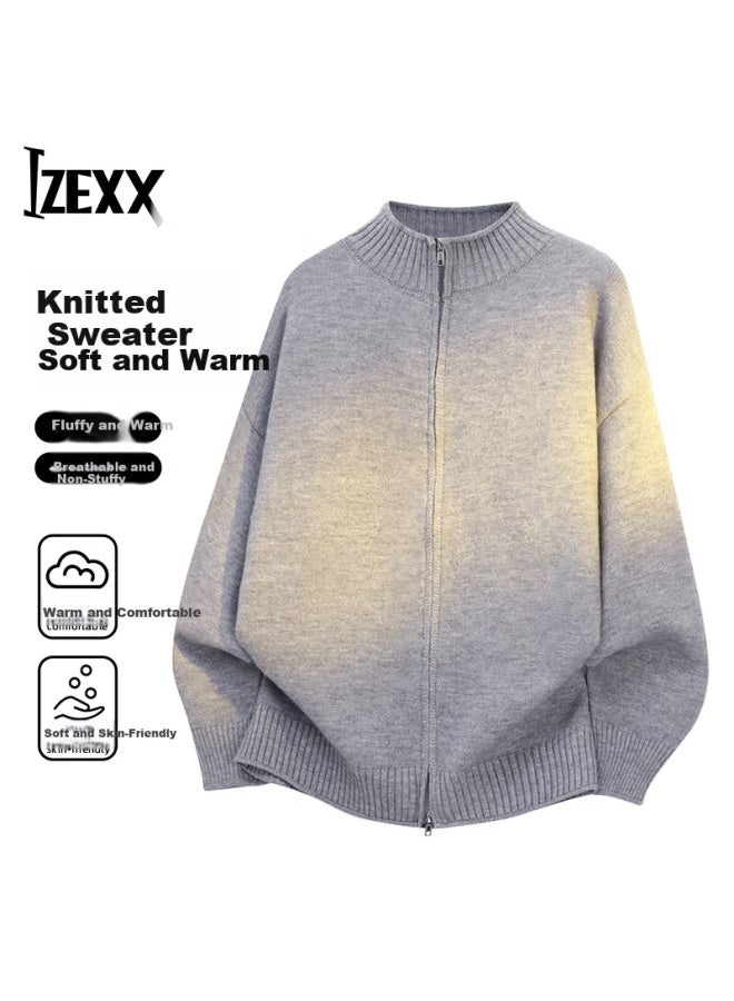 Izexx Men's Lightweight American Style Casual Double Zipper Crew Neck Cardigan Sweater Zwm86 Light Gray L - Image 1