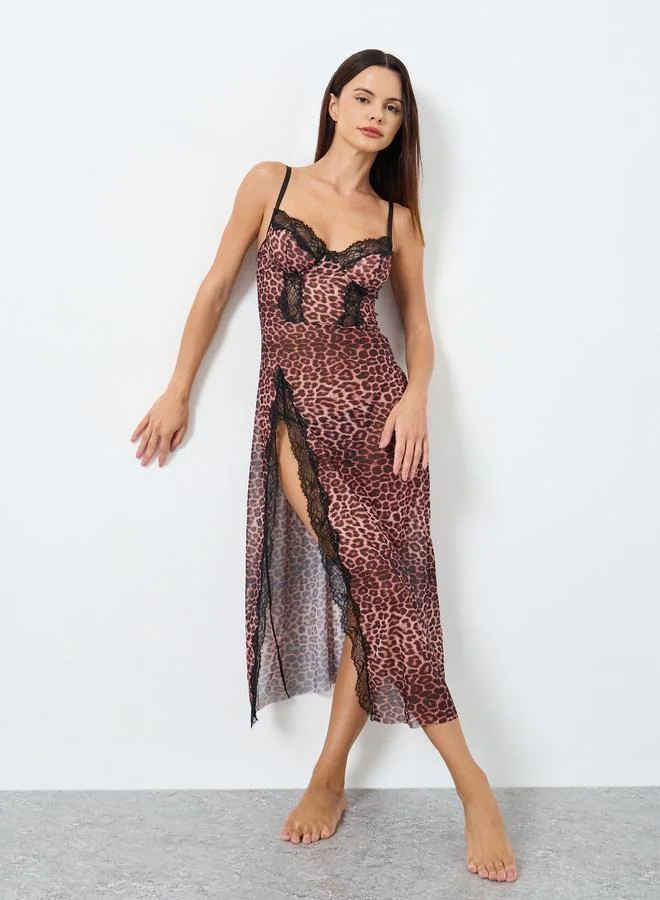 Take Two Leopard Print Lace Detail High Slit Slip Dress with Brief