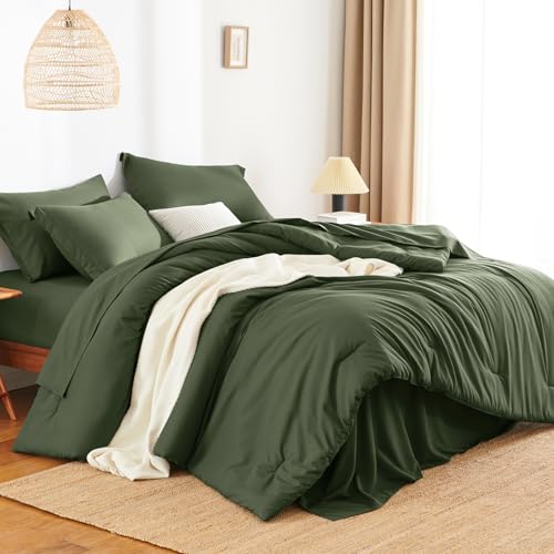 HIMEET King Size Comforter Set - 7 Pieces Bed in a Bag King, Luxury Comforter Set with Sheets for All Season, Bed Set with Comforter, Flat Sheet, Fitted Sheet, Pillowcases & Shams, Olive Green - Image 3