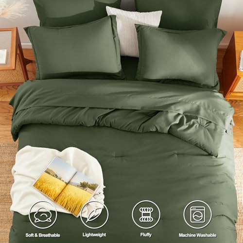 HIMEET King Size Comforter Set - 7 Pieces Bed in a Bag King, Luxury Comforter Set with Sheets for All Season, Bed Set with Comforter, Flat Sheet, Fitted Sheet, Pillowcases & Shams, Olive Green - Image 2