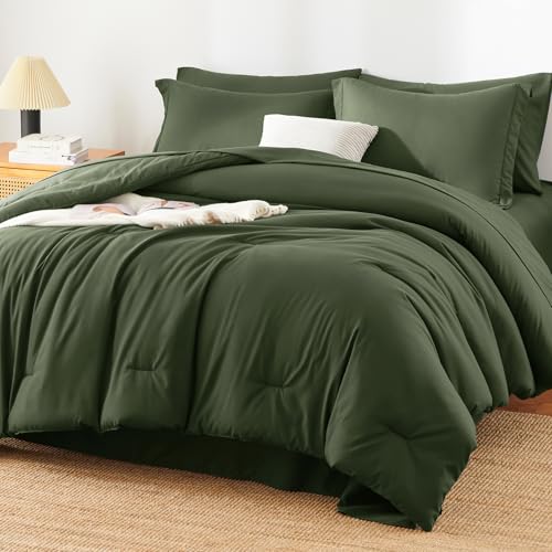 HIMEET King Size Comforter Set - 7 Pieces Bed in a Bag King, Luxury Comforter Set with Sheets for All Season, Bed Set with Comforter, Flat Sheet, Fitted Sheet, Pillowcases & Shams, Olive Green - Image 1