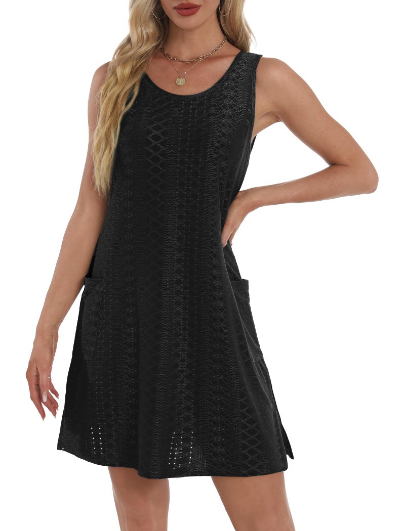 BKRIVE Plus Size Casual Dresses Tank Top Dresses Loose Sleeveless Casual Black Dress Sundresses with Pockets Eyelet Black 2XL - Image 4