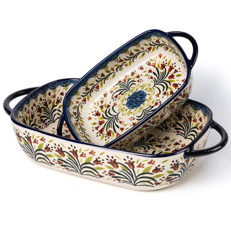 ONECCI Ceramic Rectangular Baking Dishes  2pc Blue Casserole Set for Oven Lasagna Pans