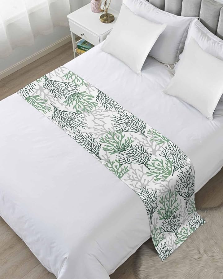 Sage Green Gray Coral Coastal Bed Runner For Queen Bed 83x20 Inches Summer Beach Throw - Image 1