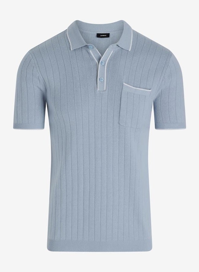 EXPRESS Men's Sweater Polo – Modern Prep Short Sleeve Cotton Knit with Tipped Collar, Casual Workwear, Blue Fog, S - Image 5