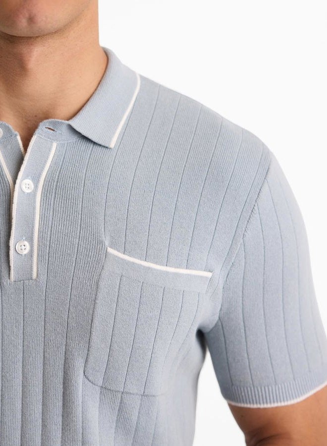 EXPRESS Men's Sweater Polo – Modern Prep Short Sleeve Cotton Knit with Tipped Collar, Casual Workwear, Blue Fog, S - Image 3