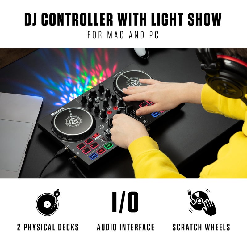 Numark Party Mix II DJ Controller with Lights, 2 Decks, Mixer, Audio Interface and Serato Lite - Image 2