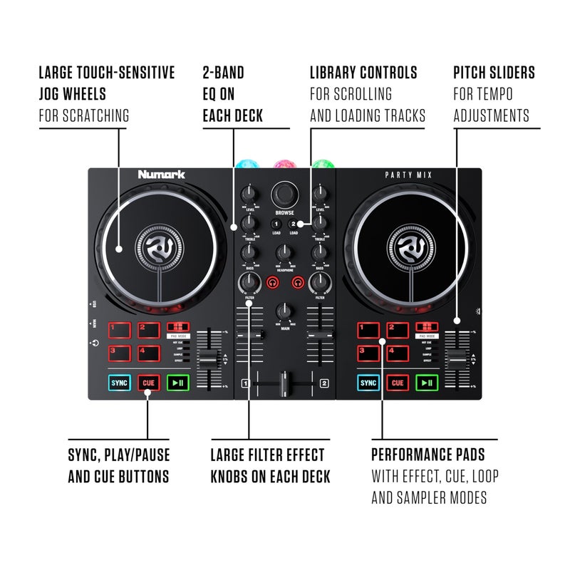 Numark Party Mix II DJ Controller with Lights, 2 Decks, Mixer, Audio Interface and Serato Lite - Image 4