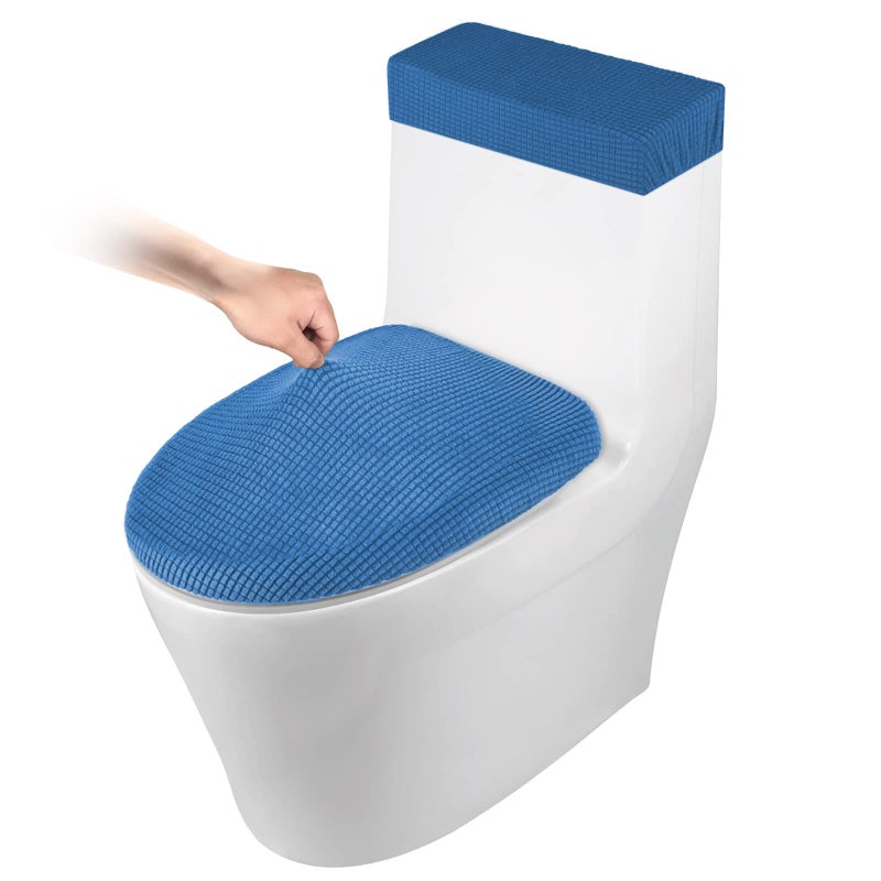 Toilet Lid Cover and Toilet Tank Cover Stretch Toilet Covers Set for Bathroom Polyester Spandex Jacquard Fabric Machine Washable with Elastic Bottom Blue