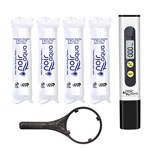 Noir Aqua 4pcs PP Spun Filter + TDS Meter + Spanner, | for All Types of RO Water purifiers (10 Inch, 5 Micron) - RO Spun Filter Cartridge Sponge Replacement Water Filter Candle - Image 1
