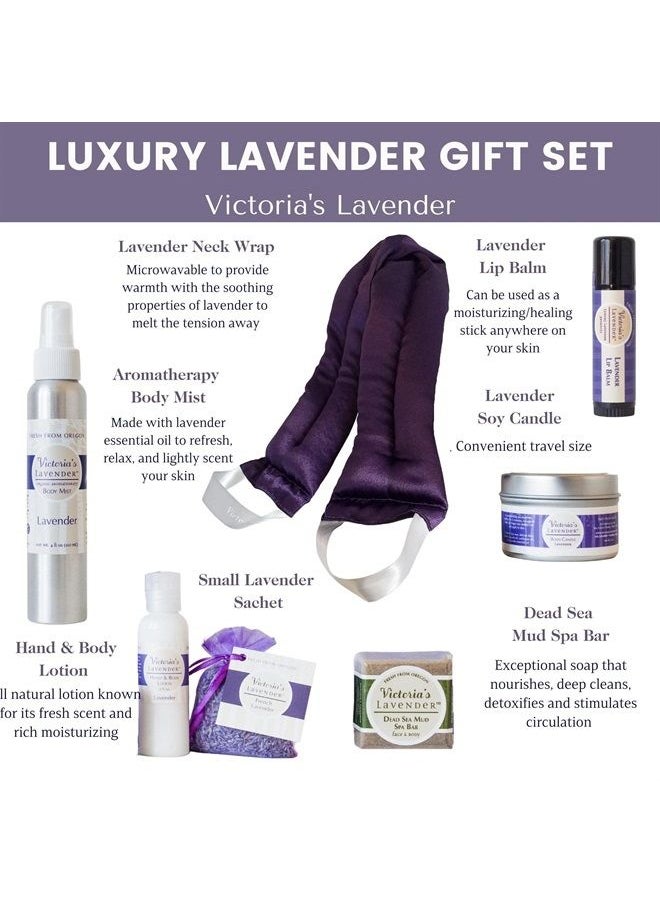 Victoria's Lavender - Luxury Gift Basket for Women - Neck Wrap, Body Mist, Hand & Body Lotion, Lip Balm, Soy Candle, Mud Spa Bar & Lavender Sachet, Skin Care Sets & Kits, Beauty Products For Women - Image 1