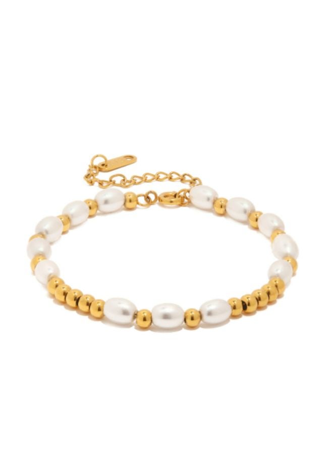Andaazs Women’s Aura Pearl & Gold Beads Bracelet – 18K Gold Plated Stainless Steel with Imitation Pearls – Elegant Everyday Jewelry - Image 2
