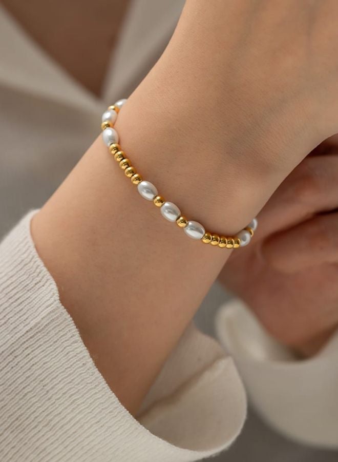 Andaazs Women’s Aura Pearl & Gold Beads Bracelet – 18K Gold Plated Stainless Steel with Imitation Pearls – Elegant Everyday Jewelry - Image 1