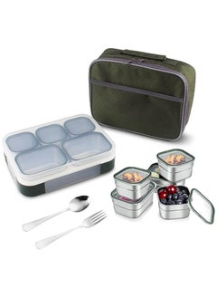 TOMSHOO Stainless Steel Lunch Box for Kids Adults,Insulated Bento Lunch Box with Tableware & Bag,1000ML 5 Compartment Divided Lunch Containers with Lids,Leakproof | BPA Free | Dishwasher Safe (Green，1000ml)  - Image 1
