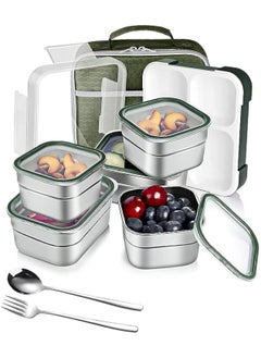 TOMSHOO Stainless Steel Lunch Box for Kids Adults,Insulated Bento Lunch Box with Tableware & Bag,1000ML 5 Compartment Divided Lunch Containers with Lids,Leakproof | BPA Free | Dishwasher Safe (Green，1000ml)  - Image 2