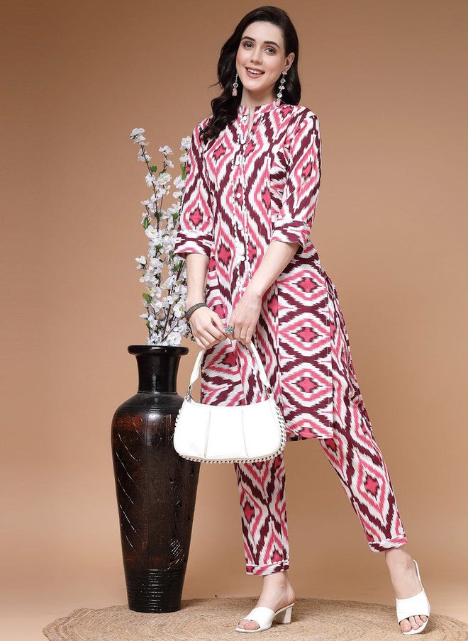 Indibelle Ikkat Printed Mandarin Collar Cotton A-Line Kurta in Burgundy and White - Image 1