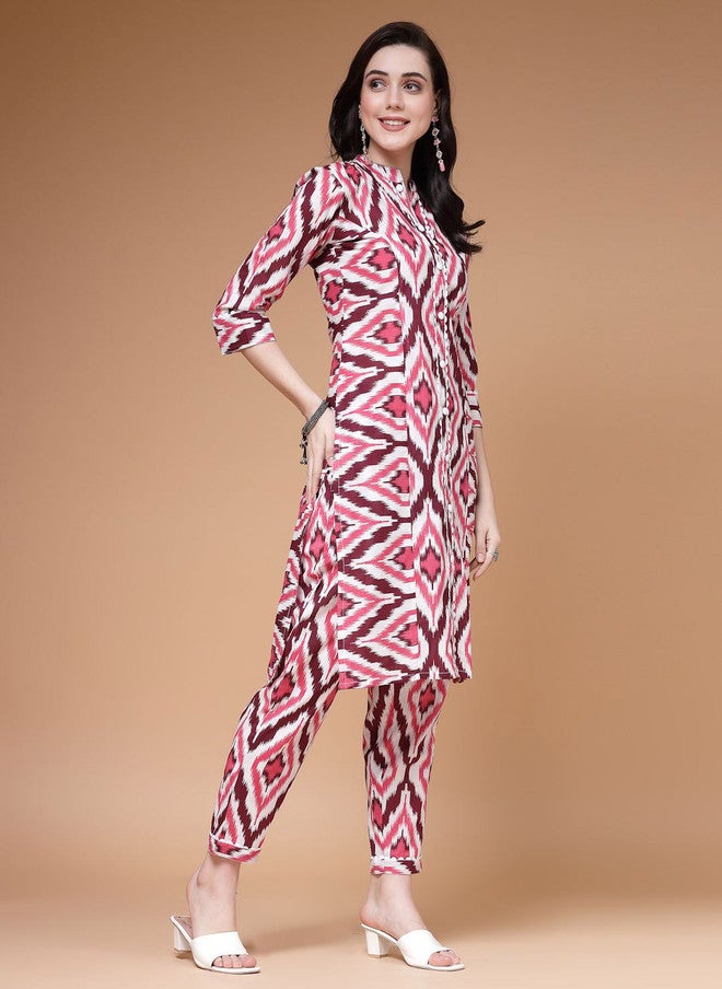 Indibelle Ikkat Printed Mandarin Collar Cotton A-Line Kurta in Burgundy and White - Image 3