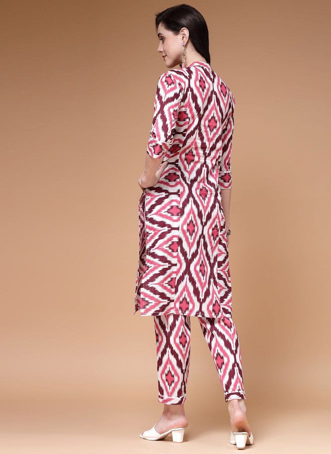 Indibelle Ikkat Printed Mandarin Collar Cotton A-Line Kurta in Burgundy and White - Image 4