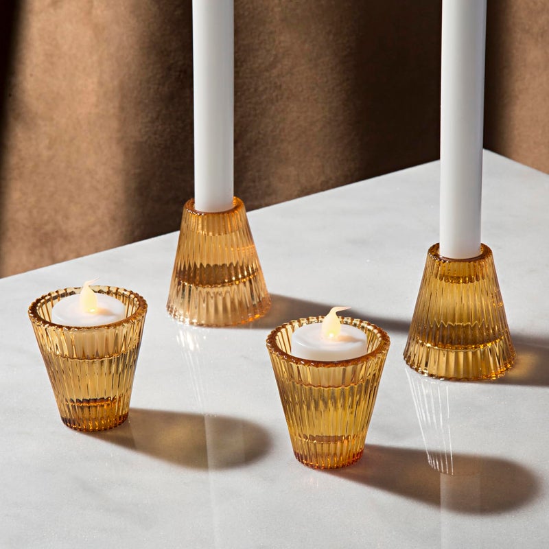 LampLust Glass Candle Holders for Votive Candles 4 Pack 3 Inch Amber Candle Holders Reversible Votive Candlestick Holders for Table Centerpieces Wedding Home Decoration