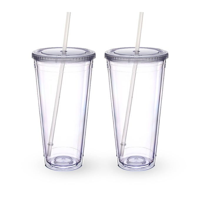 CLEAR ACRYLIC TUMBLER WITH STRAW AND LID 32 OZ DOUBLE WALLED INSULATED REUSABLE PLASTIC ICED COFFEE CUP TO GO CUP PERFECT FOR PARTIES BIRTHDAYS FIT IN CUPHOLDER BPA FREE CLEAR 2 PACK