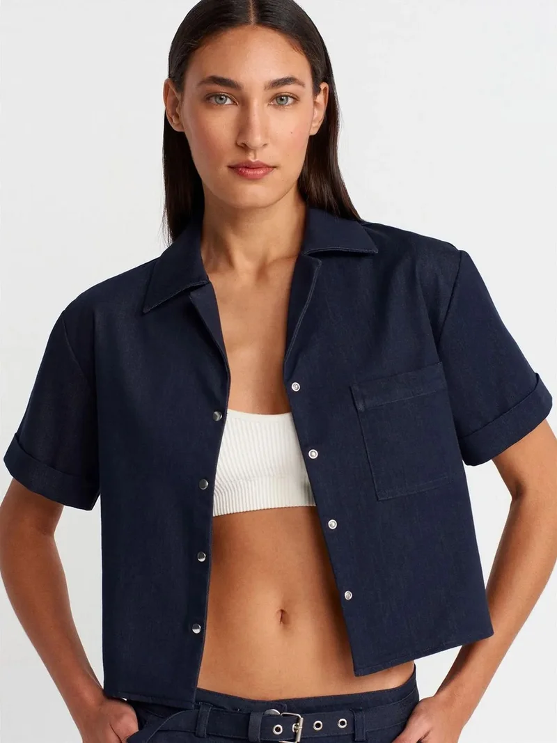 ديلفين Dilvin Women's Cropped Crepe Shirt With Pocket