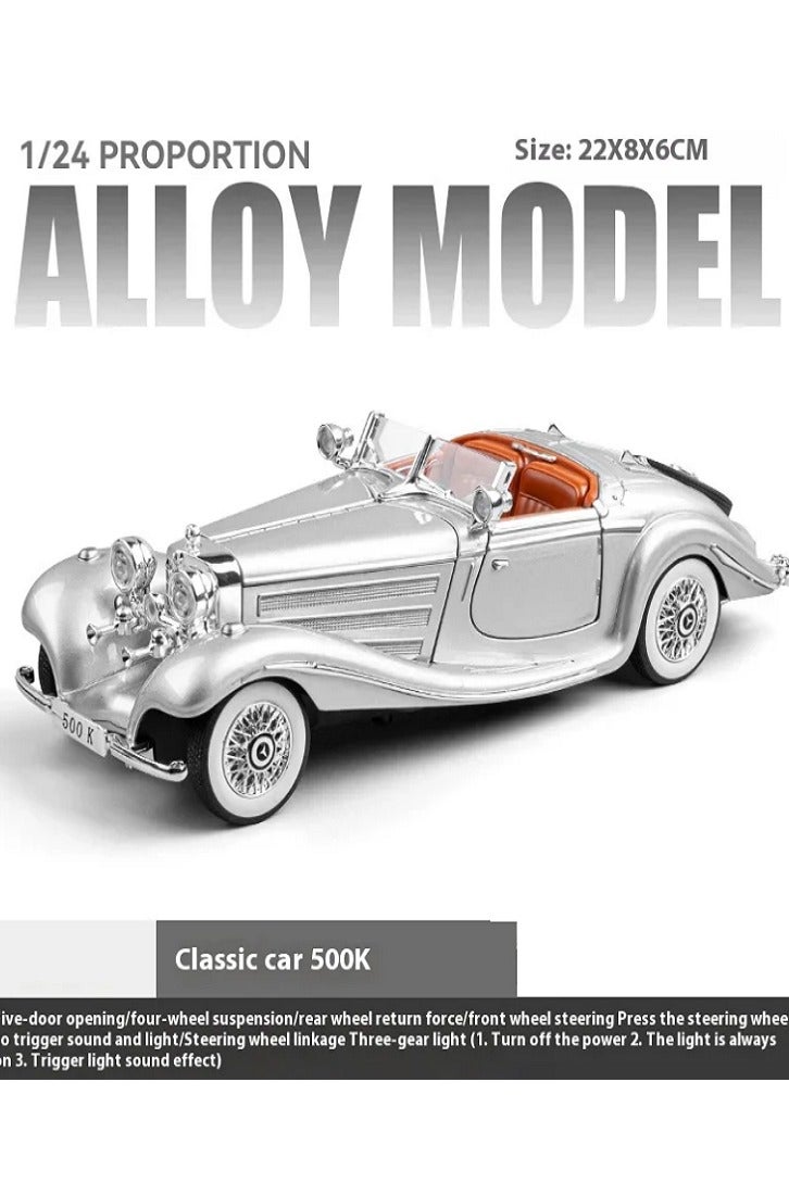 داي كاست سيارة مرسيدس بنز 500K كلاسيكية بمقياس 1/24، نموذج سيارة من سبائك معدنية مصبوبة، مزودة بأصوات وإضاءة (فضي) - Image 1