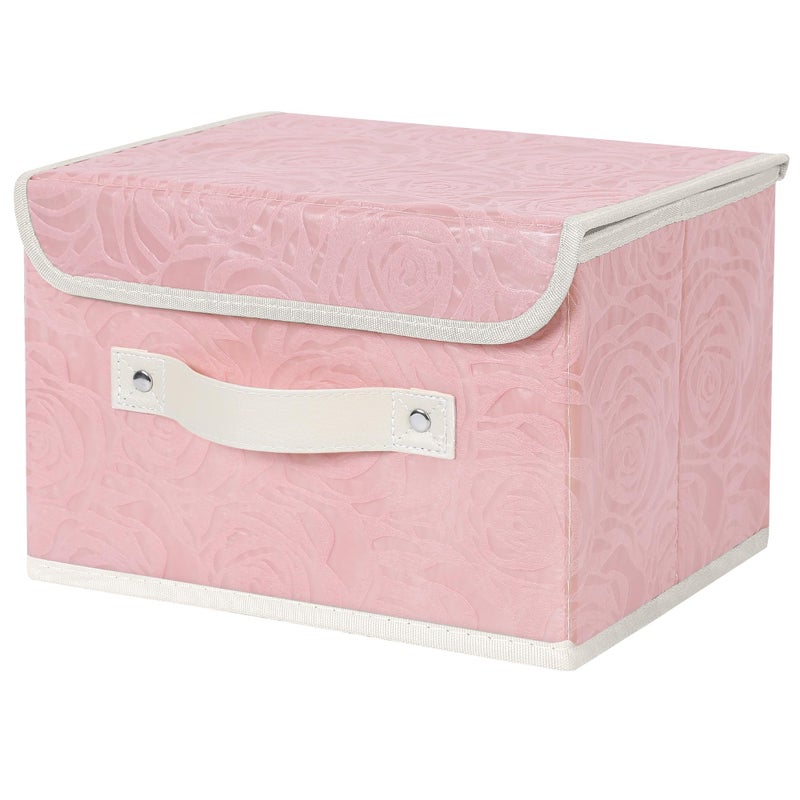 Anminy Fabric Storage Bin With Lid Rose Print Storage Box Basket With Pu Leather Handles Washable Pp Plastic Board Decorative Foldable Lidded Shelf Cubes Closet Organizer Container - Pink  Small Size - Image 1