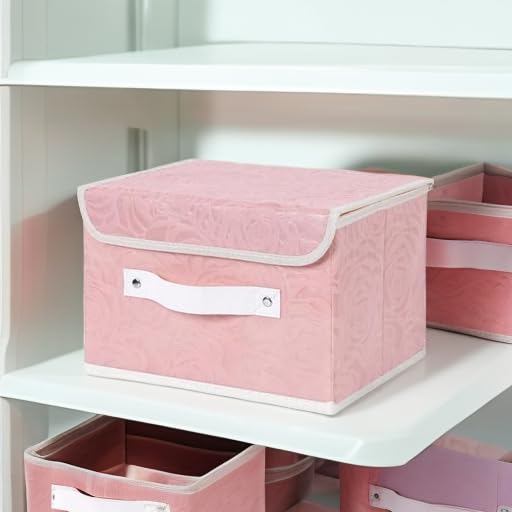 Anminy Fabric Storage Bin With Lid Rose Print Storage Box Basket With Pu Leather Handles Washable Pp Plastic Board Decorative Foldable Lidded Shelf Cubes Closet Organizer Container - Pink  Small Size - Image 5