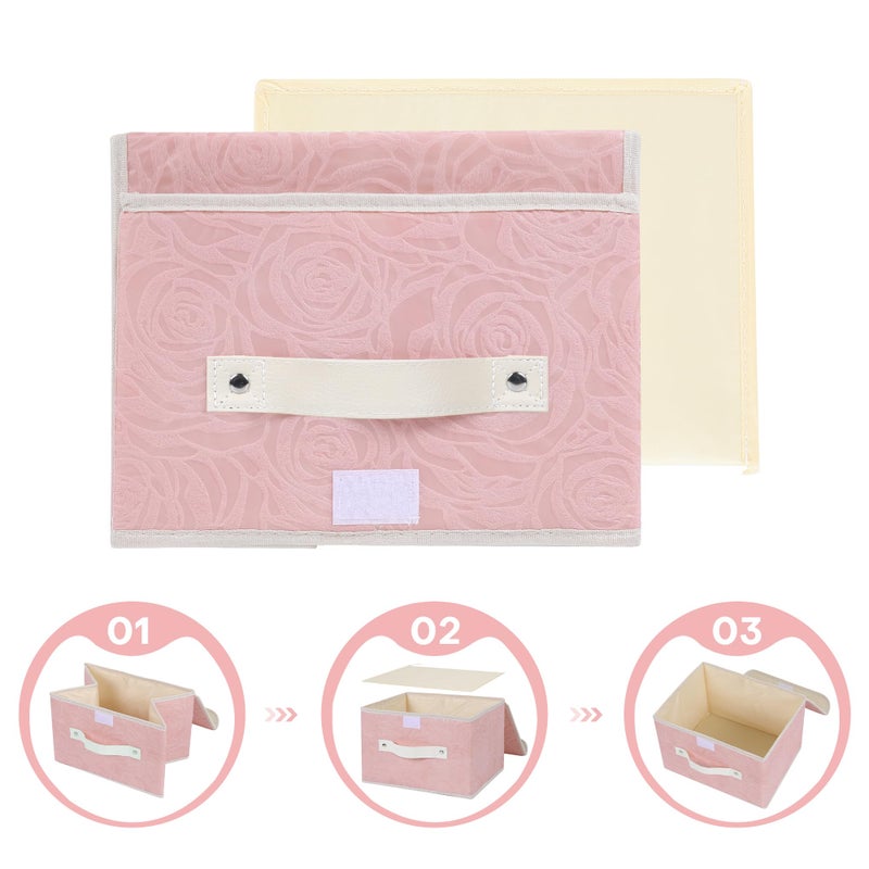 Anminy Fabric Storage Bin With Lid Rose Print Storage Box Basket With Pu Leather Handles Washable Pp Plastic Board Decorative Foldable Lidded Shelf Cubes Closet Organizer Container - Pink  Small Size - Image 4