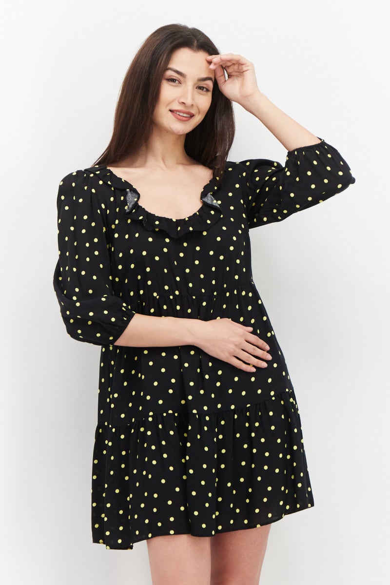 NEW LOOK Women U Neck Polka Dots Print Mini Dress, Black - Image 1