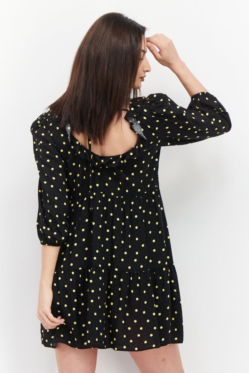 NEW LOOK Women U Neck Polka Dots Print Mini Dress, Black - Image 2
