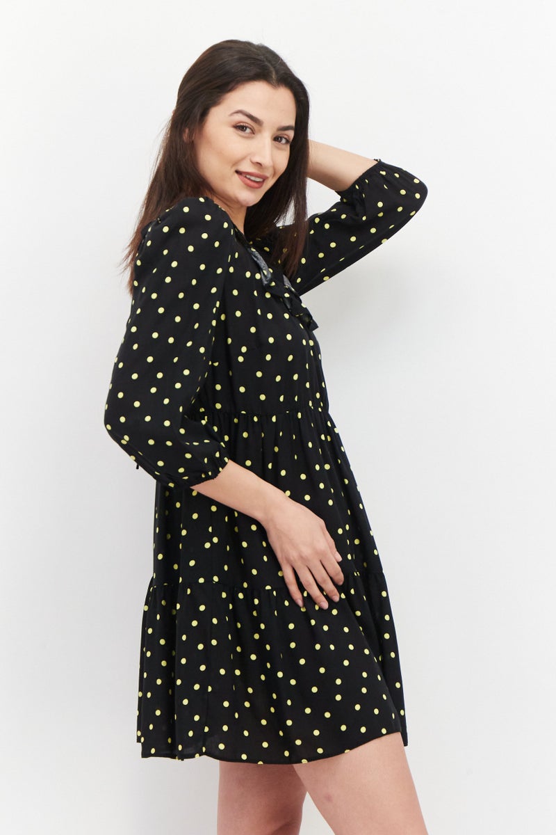 NEW LOOK Women U Neck Polka Dots Print Mini Dress, Black - Image 4