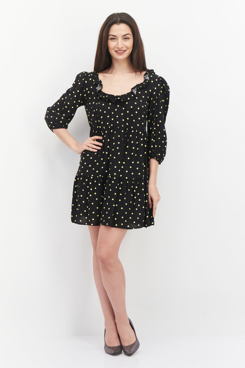 NEW LOOK Women U Neck Polka Dots Print Mini Dress, Black - Image 3