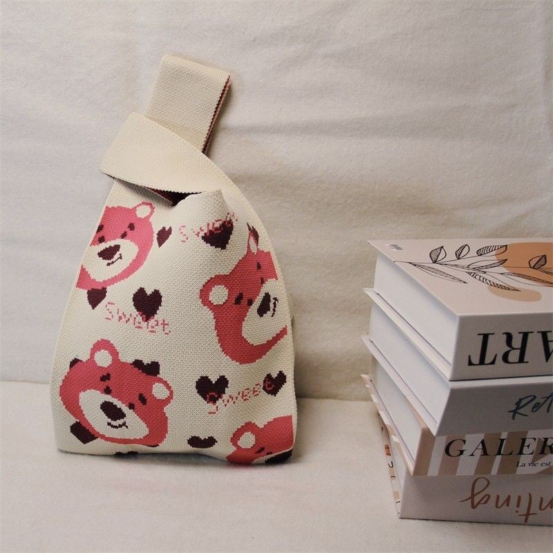 New Cute Bag Handbag Womens Bag All-match Hand Carrying Casual Knitted Bag Bucket Bag Japanese and Korean Style Tote Bag Box Four bears pink 