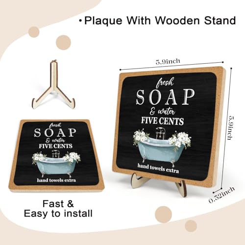 DMADNF Bathroom Wood Plaque Sign Decor, Funny Wooden Desk Plaque with Fresh Soap Five Cents Desk Sign, Rustic Farmhouse Shelf Sign for Bathroom Toilet Home Decoration, 5.9x5.9 Inch (black-2) - Image 2