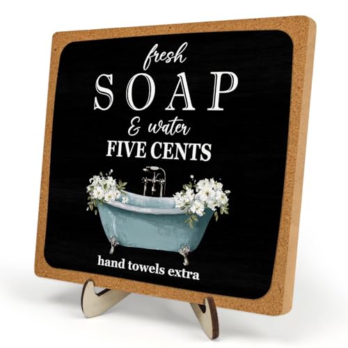 DMADNF Bathroom Wood Plaque Sign Decor, Funny Wooden Desk Plaque with Fresh Soap Five Cents Desk Sign, Rustic Farmhouse Shelf Sign for Bathroom Toilet Home Decoration, 5.9x5.9 Inch (black-2) - Image 1