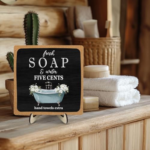 DMADNF Bathroom Wood Plaque Sign Decor, Funny Wooden Desk Plaque with Fresh Soap Five Cents Desk Sign, Rustic Farmhouse Shelf Sign for Bathroom Toilet Home Decoration, 5.9x5.9 Inch (black-2) - Image 3