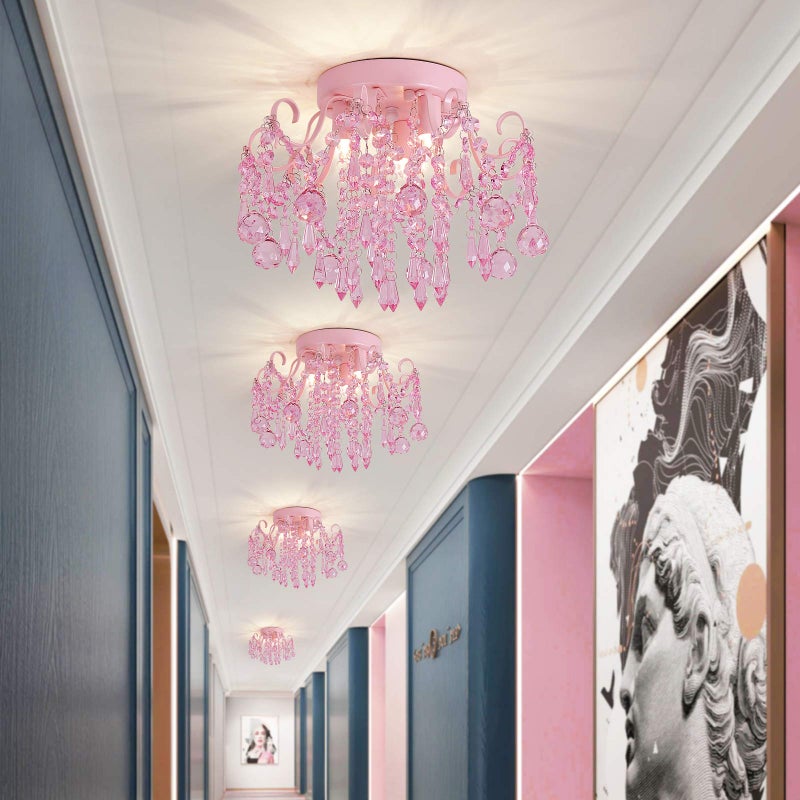QS Q&S Mini Chandelier Crystal,Semi Flush Mount Pink Girl Chandelier, Small Crystal Ceiling Light Fixture Bedroom Bathroom Closet Nursery 3 Lights - Image 2