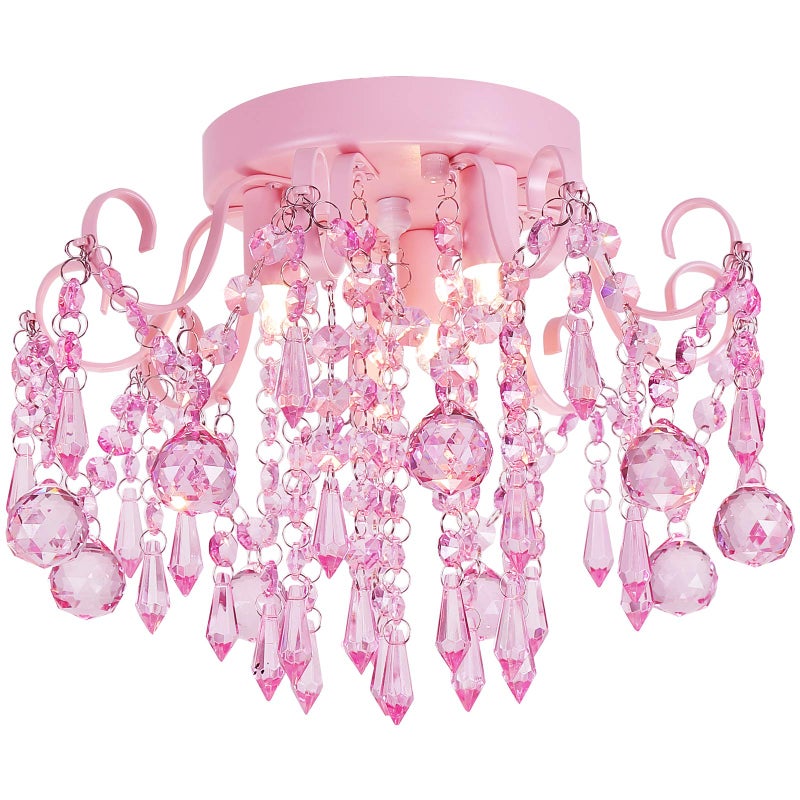 QS Q&S Mini Chandelier Crystal,Semi Flush Mount Pink Girl Chandelier, Small Crystal Ceiling Light Fixture Bedroom Bathroom Closet Nursery 3 Lights - Image 1