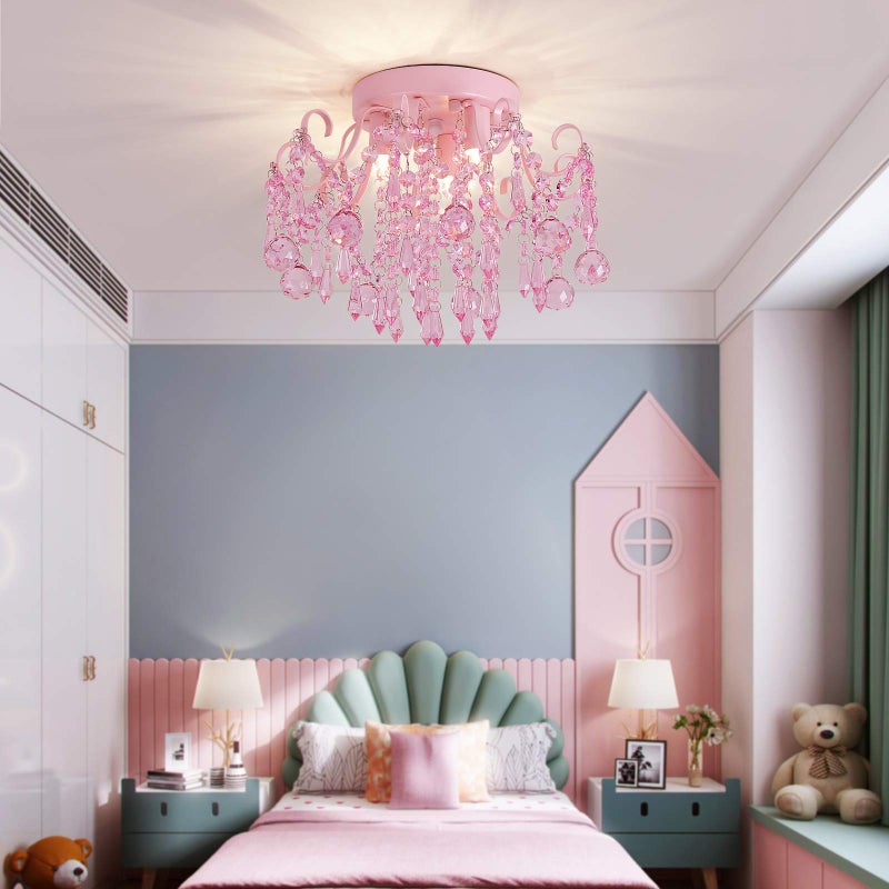 QS Q&S Mini Chandelier Crystal,Semi Flush Mount Pink Girl Chandelier, Small Crystal Ceiling Light Fixture Bedroom Bathroom Closet Nursery 3 Lights - Image 3