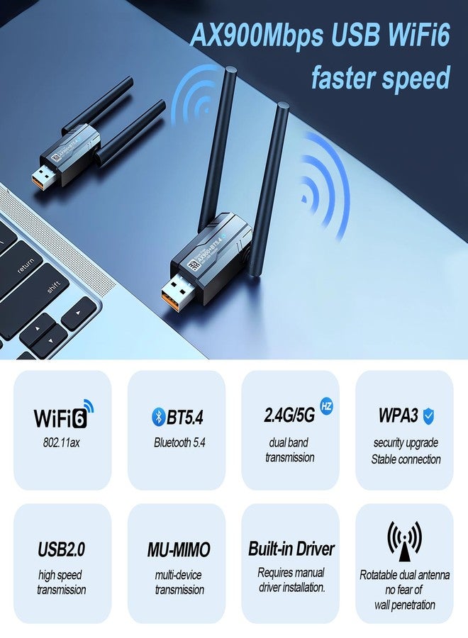 DragoBud AX900M USB WiFi 6 Adapter Bluetooth 5.4 for PC，Dual Band 2.4G/5Ghz, IEEE 802.11ax/900Mbps, Wireless Adapter with 5dBi Antenna for Laptop/Desktop，WiFi Dongle Compatible with Windows 7/10/11 - Image 2