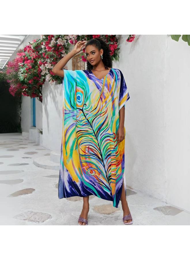 2024 European And American Rayon Beach Blouse V-neck Robe Vacation Bikini Swimsuit Sun Protection Shirt Coat-Color:71127-6 Large Leaves- - Image 1