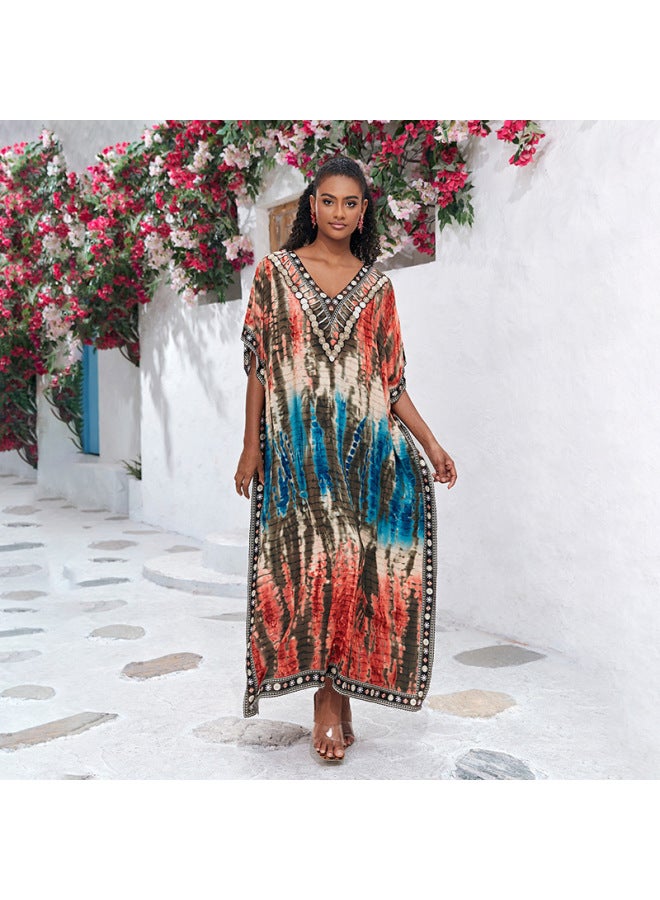 2024 European And American Rayon Beach Blouse V-neck Robe Vacation Bikini Swimsuit Sun Protection Shirt Coat-Color:71127-6 Large Leaves- - Image 5