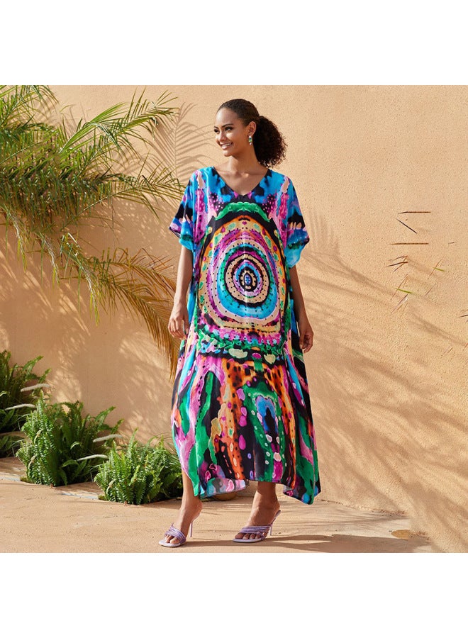 2024 European And American Rayon Beach Blouse V-neck Robe Vacation Bikini Swimsuit Sun Protection Shirt Coat-Color:71127-6 Large Leaves- - Image 4