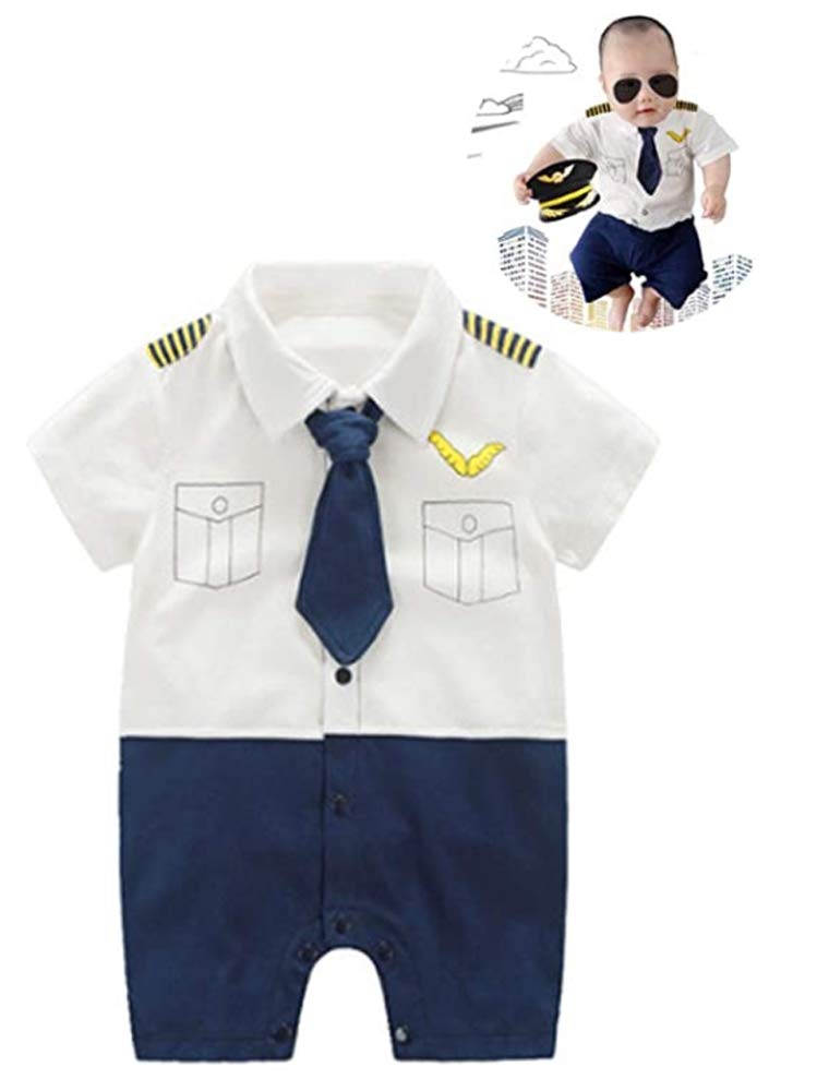 FANCYBABY Baby Pilot Boys Halloween Uniform Cosplay Romper Costume Outfit (3 to 6 Months, Short Sleeves) - Image 1