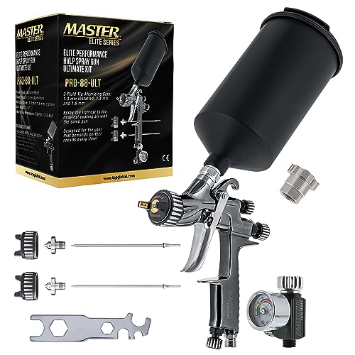Master Airbrush Master Elite Performance PRO-88 Series HVLP Spray Gun Ultimate Kit with 3 Fluid Tip Sets 1.3, 1.4 and 1.8mm and Air Pressure Regulator Gauge, MPS Cup Adapter - Automotive Basecoats, Clearcoats - Image 1