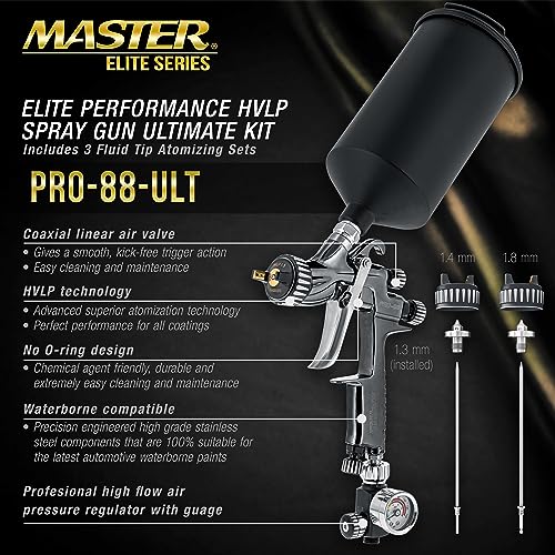 Master Airbrush Master Elite Performance PRO-88 Series HVLP Spray Gun Ultimate Kit with 3 Fluid Tip Sets 1.3, 1.4 and 1.8mm and Air Pressure Regulator Gauge, MPS Cup Adapter - Automotive Basecoats, Clearcoats - Image 2